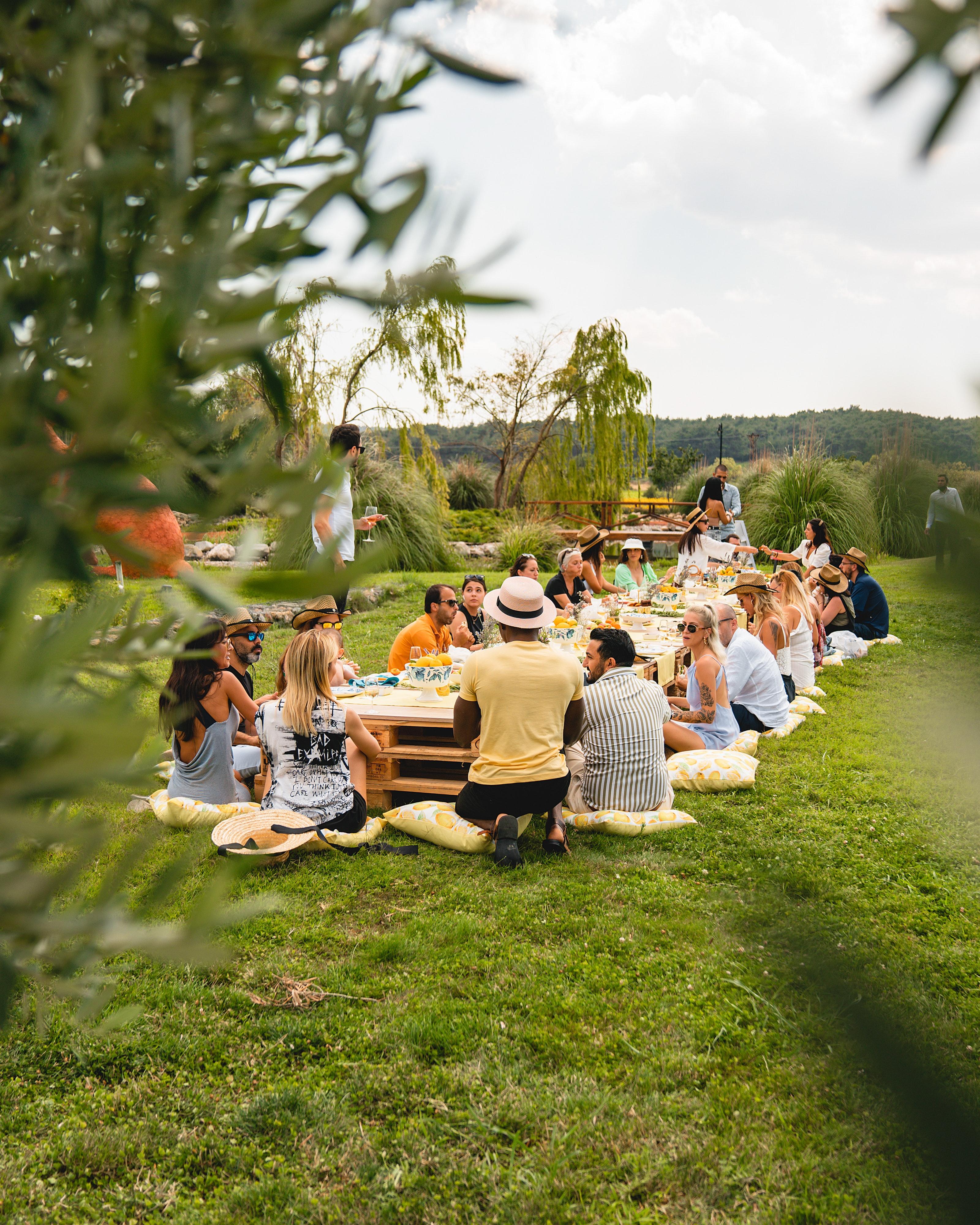 Viele verschiedene Menschen sitzen auf Kissen um einen flachen Tisch herum in einem Garten auf einer Wiese.